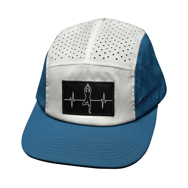 Yoga Hat, 5 Panel Hat, Ponytail, Strapback, Light Blue, White, Mens Hat, Womens Hat, Front Picture