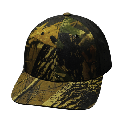 Blank 6 Panel hat — Tan Tree Camo / Black, Laser Mesh