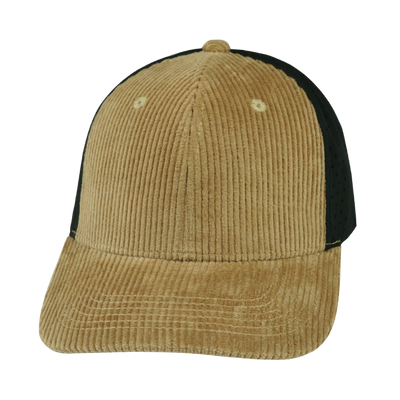 Blank 6 Panel hat — Corduroy, Tan / Black, Laser Mesh