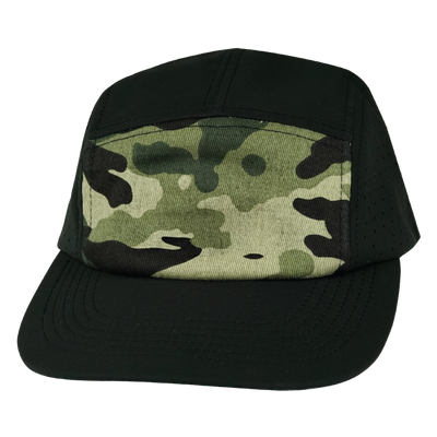 Blank 5 Panel hat — Sporty, Unstructured, Black / Green Camo, Laser Mesh