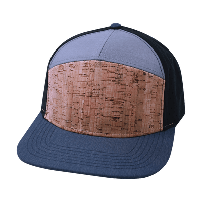 Blank 7 Panel hat — Cork, Navy / Gray / Black, Laser Mesh