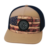 Color Vibes Hat, Flat Bill, Snapback Hat, Stained Flag, Light Tan, Navy , Mens Hat, Womens Hat, Front Picture 