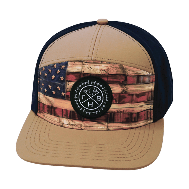 Color Vibes Hat, Flat Bill, Snapback Hat, Stained Flag, Light Tan, Navy , Mens Hat, Womens Hat, Front Picture 