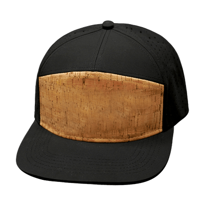 Blank 7 Panel hat — Cork, Black, Laser Mesh