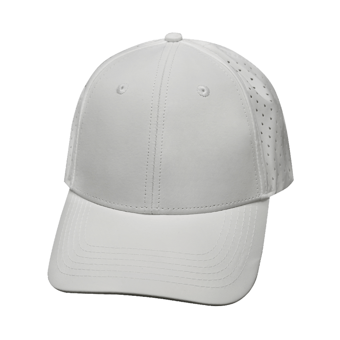 Blank 6 Panel hat — Shallow Fit, Pony Tail, White, Laser Mesh