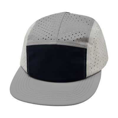 Blank 5 Panel hat — Sporty, Unstructured, Pony Tail, Gray / Navy / White, Laser Mesh