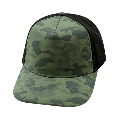 Blank 5 Panel hat — Structured, Teal Camo / Black, Laser Mesh