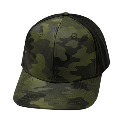 Blank 6 Panel hat — Green Camo / Black, Laser Mesh