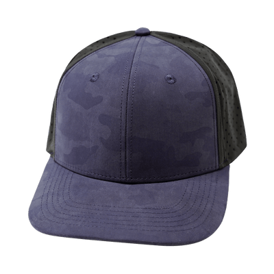 Blank 6 Panel hat — Soft Blue Camo / Black, Laser Mesh