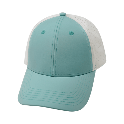 Blank 6 Panel hat — Shallow Fit, Pony Tail, Mint Green / White, Laser Mesh