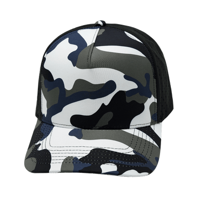 Blank 5 Panel hat — Structured, Camo, White / Blue / Gray / Black, Laser Mesh