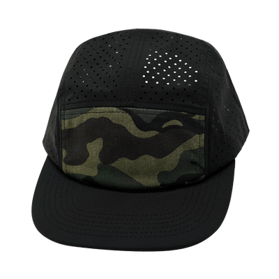 Blank 5 Panel hat — Sporty, Unstructured, Black / Camo, Laser Mesh