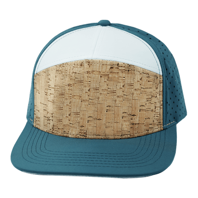 Blank 7 Panel hat — Cork, Dark Teal / White, Laser Mesh