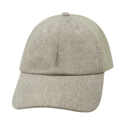Blank 6 Panel hat — Unstructured, Relaxed Fit, Sand Hemp / Sand, Soft Trucker Mesh