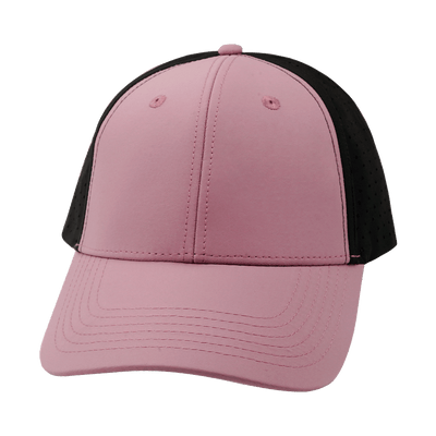 Blank 6 Panel hat — Shallow Fit, Pony Tail, Dusty Pink / Black, Laser Mesh