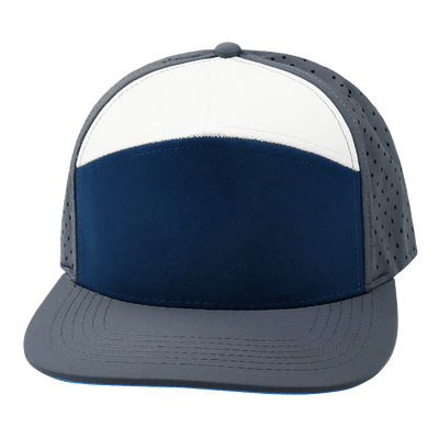 Blank 7 Panel hat — Charcoal / Navy / White, Laser Mesh