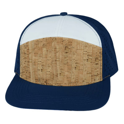 Blank 7 Panel hat — Cork, Navy / White, Laser Mesh