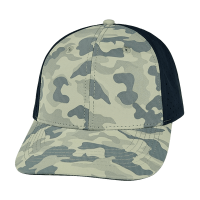 Blank 6 Panel hat — Soft Gray Camo / Navy, Laser Mesh