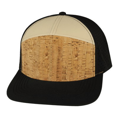 Blank 7 Panel hat — Cork, Black / Tan, Laser Mesh