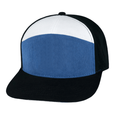 Blank 7 Panel hat — Corduroy, Black / Blue / White, Full Fabric