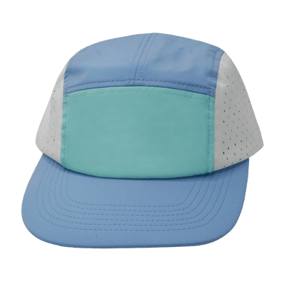 Blank 5 Panel hat — Sporty, Unstructured, Baby Blue / Mint / White, Laser Mesh