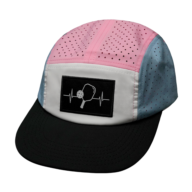 Pickleball hat, 5 panel hat, Strapback, Light Blue, Pink, White, Mens Hat, Womens Hat, Front Picture