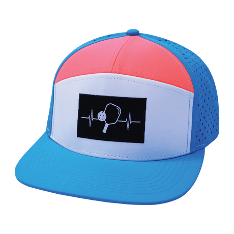 Pickleball hat, Flat Bill, Snapback hat, Neon Blue, White, Neon Peach, Mens Hat, Womens Hat, Front Picture