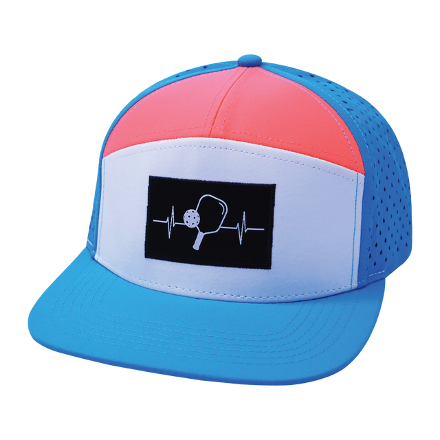 Pickleball hat, Flat Bill, Snapback hat, Neon Blue, White, Neon Peach, Mens Hat, Womens Hat, Front Picture