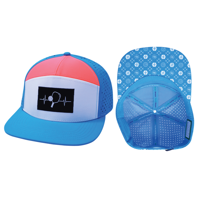 Pickleball hat, Flat Bill, Snapback hat, Neon Blue, White, Neon Peach, Mens Hat, Womens Hat, Main Picture