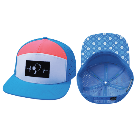 Pickleball hat, Flat Bill, Snapback hat, Neon Blue, White, Neon Peach, Mens Hat, Womens Hat, Main Picture