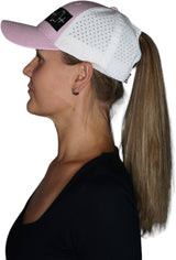 Alabama Hat, Low Profile, Ponytail, Snapback Hat, Pink, White, Mens Hat, Womens Hat, Side Woman In Hat Picture 