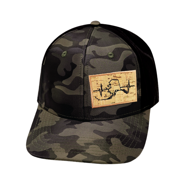 Alaska Hat, Baseball Hat, Snapback Hat, Tan Camo, Black, Mens Hat, Womens Hat, Front Picture
