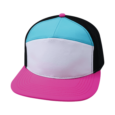 Blank 7 Panel hat — Neon Pink / White / Neon Blue Green / Black, Laser Mesh