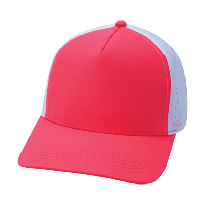 Blank 5 Panel hat — Structured, Neon Peach / White, Laser Mesh
