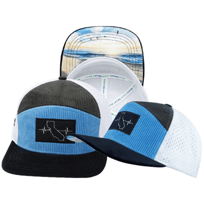 California Hat — Flat Bill, Corduroy, Charcoal / Light Blue / White, Jersey Mesh