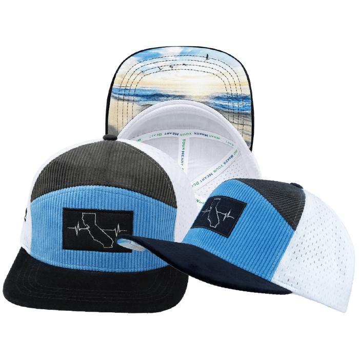 California Hat — Flat Bill, Corduroy, Charcoal / Light Blue / White, Jersey Mesh