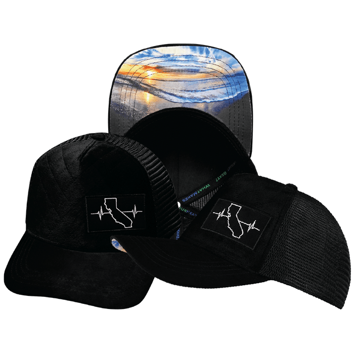 California Hat Trucker Hat — Quilted Velvet, Black, Trucker Mesh