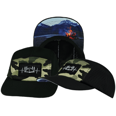 Camping Hat — 5 Panel, Black / Green Camo, Laser Mesh