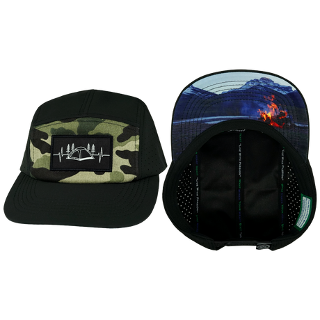 Camping Hat hat, 5 Panel Hat, Snapback, Black, Green Camo, Mens Hat, Womens Hat, Main Picture