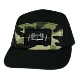 Camping Hat hat, 5 Panel Hat, Snapback, Black, Green Camo, Mens Hat, Womens Hat, Front Picture