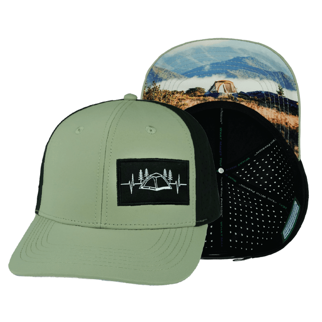 Camping Hat, Baseball Hat, Snapback Hat, Sage, Black, Mens Hat, Womens Hat, Main Picture