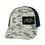 Camping Hat, Baseball Hat, Snapback Hat, Soft Gray Camo, Navy, Mens Hat, Womens Hat, Front Picture