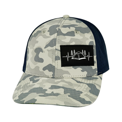 Camping Hat, Baseball Hat, Snapback Hat, Gray Camo, Navy, Mens Hat, Womens Hat, Front Picture