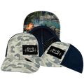 Camping Hat - Baseball Hat Fit - Soft Gray Camo / Navy - Laser Mesh