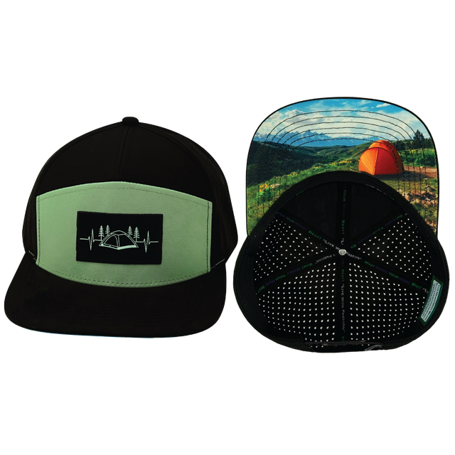 Camping Hat, Flat Bill, Snapback Hat, Black, Sage, Mens Hat, Womens Hat, Main Picture 