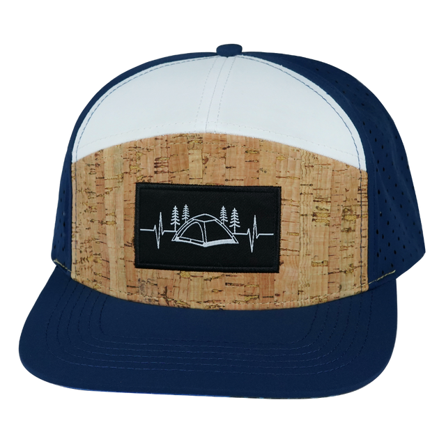 Camping Hat, Flat Bill, Snapback Hat, Cork, Navy, White, Mens Hat, Womens Hat, Front Picture 