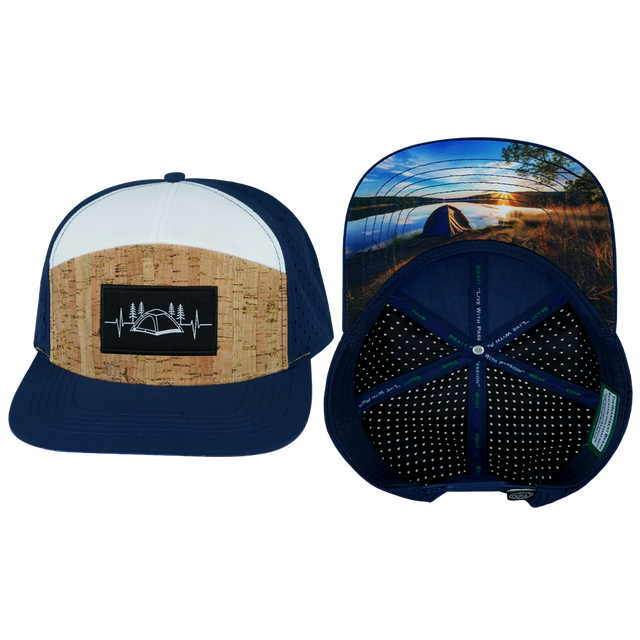 Camping Hat, Flat Bill, Snapback Hat, Cork, Navy, White, Mens Hat, Womens Hat, Main Picture 