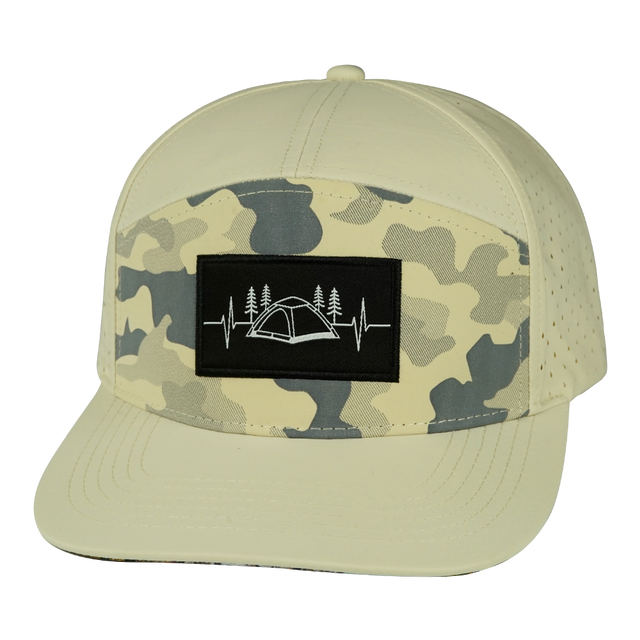 Camping Hat, Flat Bill, Snapback Hat, Cream, Soft Cream Camo, Mens Hat, Womens Hat, Front Picture 