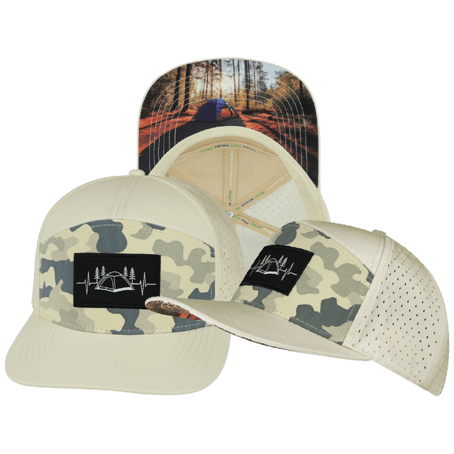 Camping Hat, Flat Bill, Snapback Hat, Cream, Soft Cream Camo, Mens Hat, Womens Hat, Main Picture