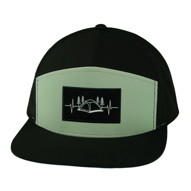Camping Hat, Flat Bill, Snapback Hat, Black, Sage, Mens Hat, Womens Hat, Front Picture 